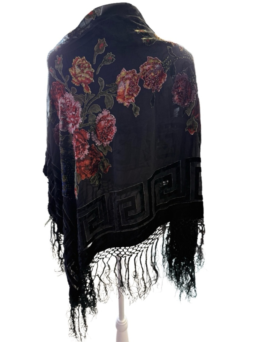 EUC Semi-Sheer Shawl with Velvet Design & Beading, 40”x40” - Picture 4 of 7